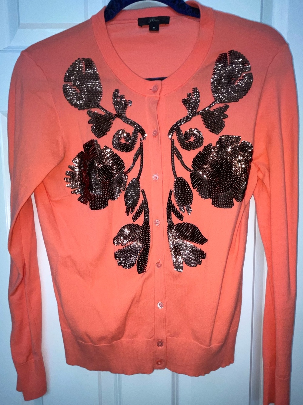 J. Crew Coral Cardigan with Sequin Floral Embellishment